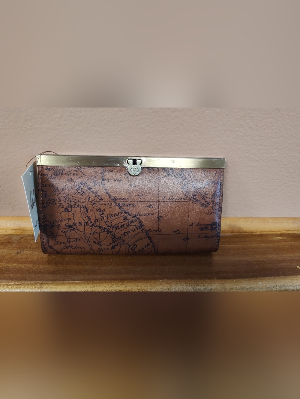 NWT! Patricia Nash Cauchy Framed Leather Wallet - Signature Map Print Push Lock